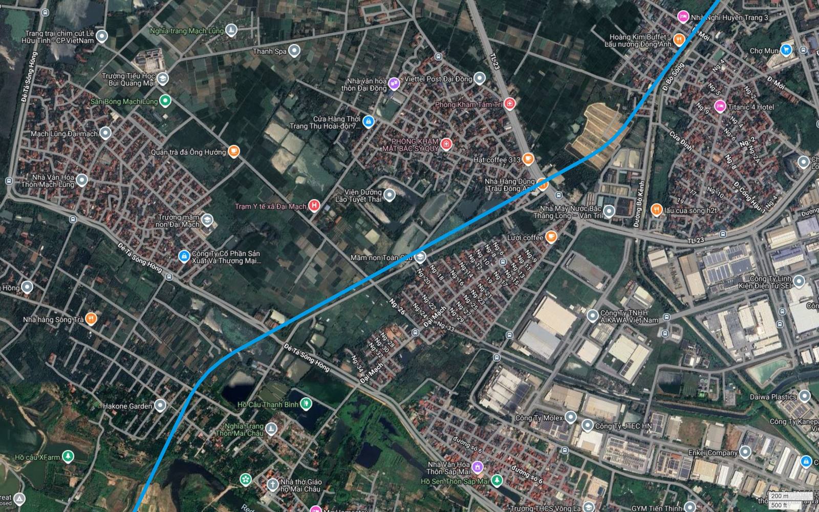 Địa bàn Đại Mạch Mạch Lũng Sáp Mai, tuyến metro số 15 Hà Nội cắt tuyến Đê Tả Sông Hồng, cách cụm nhà máy Molex JTEC AIKAWA từ sáu trăm mét tới một cây số