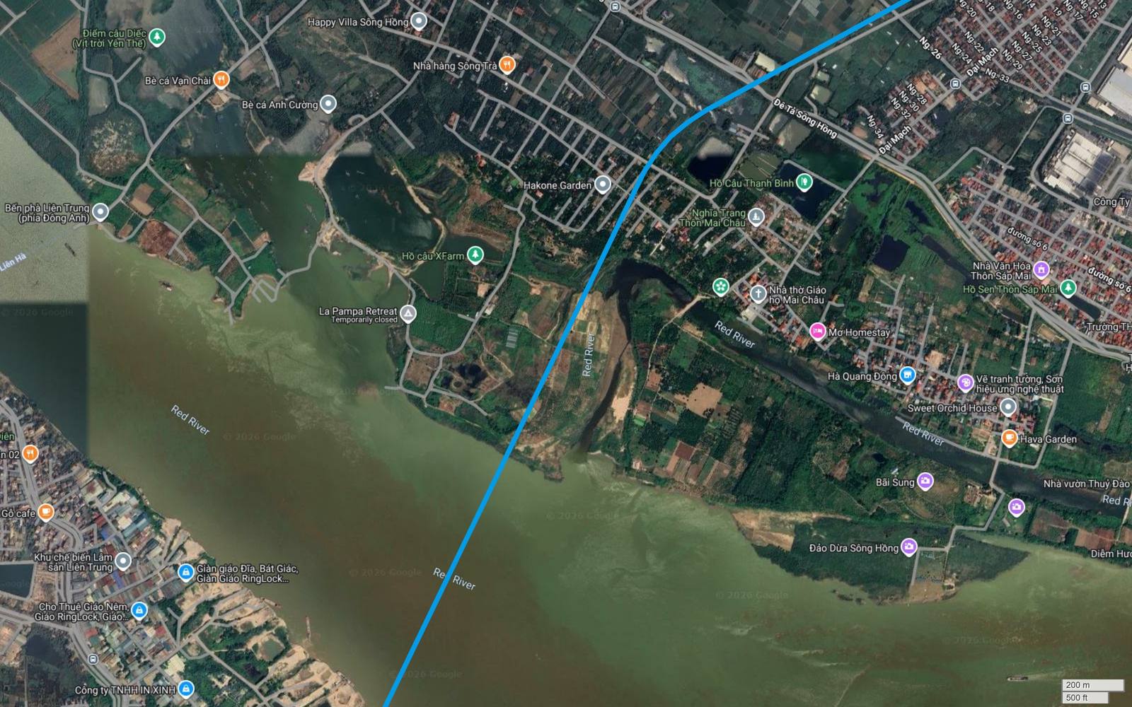 Tuyến metro số 15 Hà Nội vượt mặt nước sông Hồng giữa Đại Mạch và Thượng Cát, gần bến phà Liên Trung phía Đông Anh và Đảo Dừa Sông Hồng