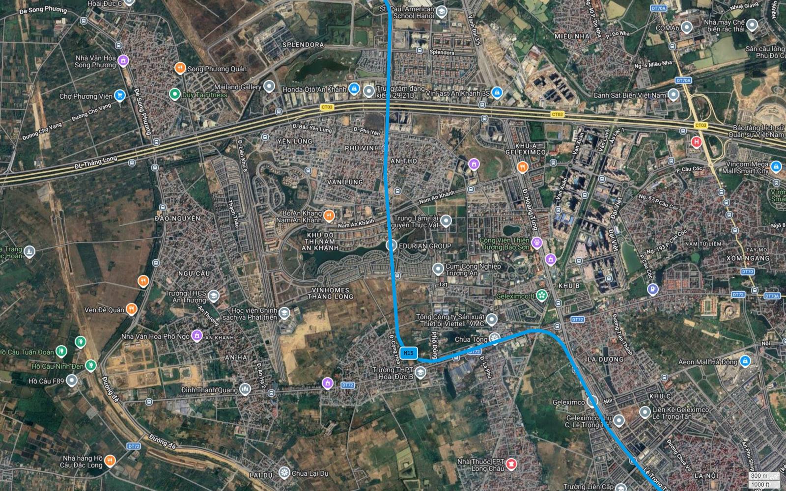 Địa bàn Ngãi Cầu thuộc An Khánh, tuyến metro số 15 Hà Nội bẻ gần chín mươi độ từ hướng nam sang hướng đông theo trục DT72