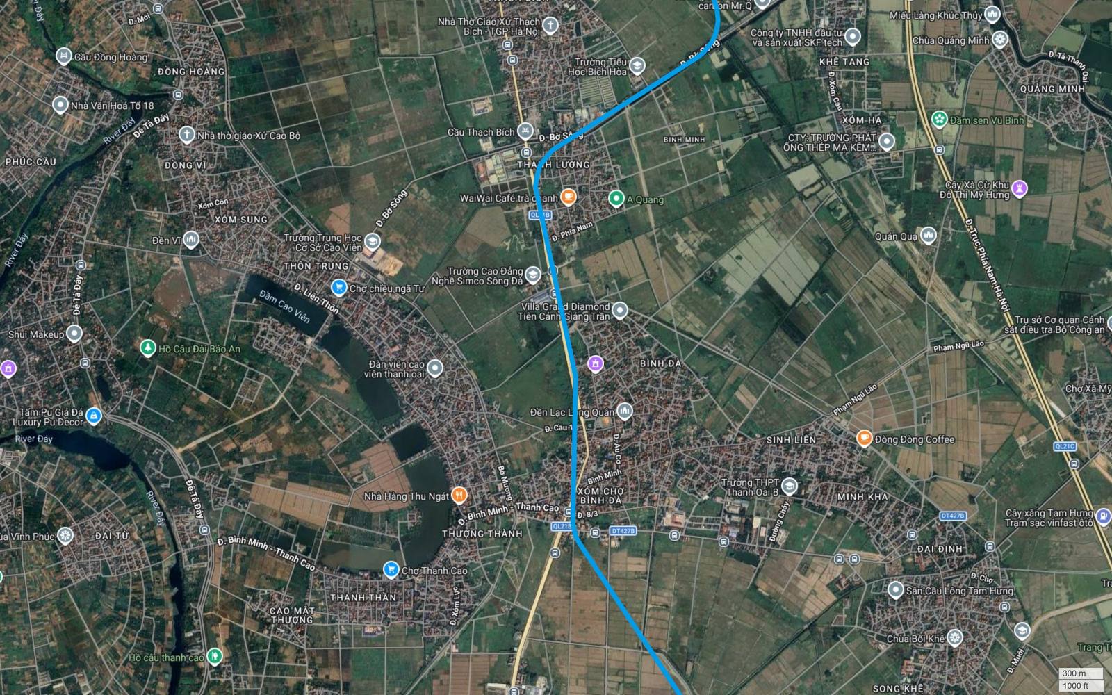 Địa bàn Bình Đà Thanh Cao Cao Viên thuộc Thanh Oai, tuyến metro số 15 Hà Nội cắt DT427B giữa thị tứ Bình Đà, sông Đáy uốn khúc ở rìa tây khung hình